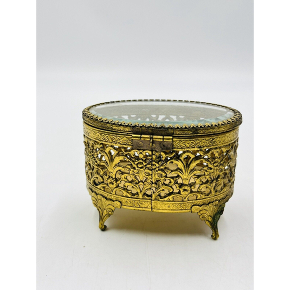VTG Gold Filigree ORMOLU Footed Casket Jewelry Trinket Box with Beveled Glass - Picture 3 of 6